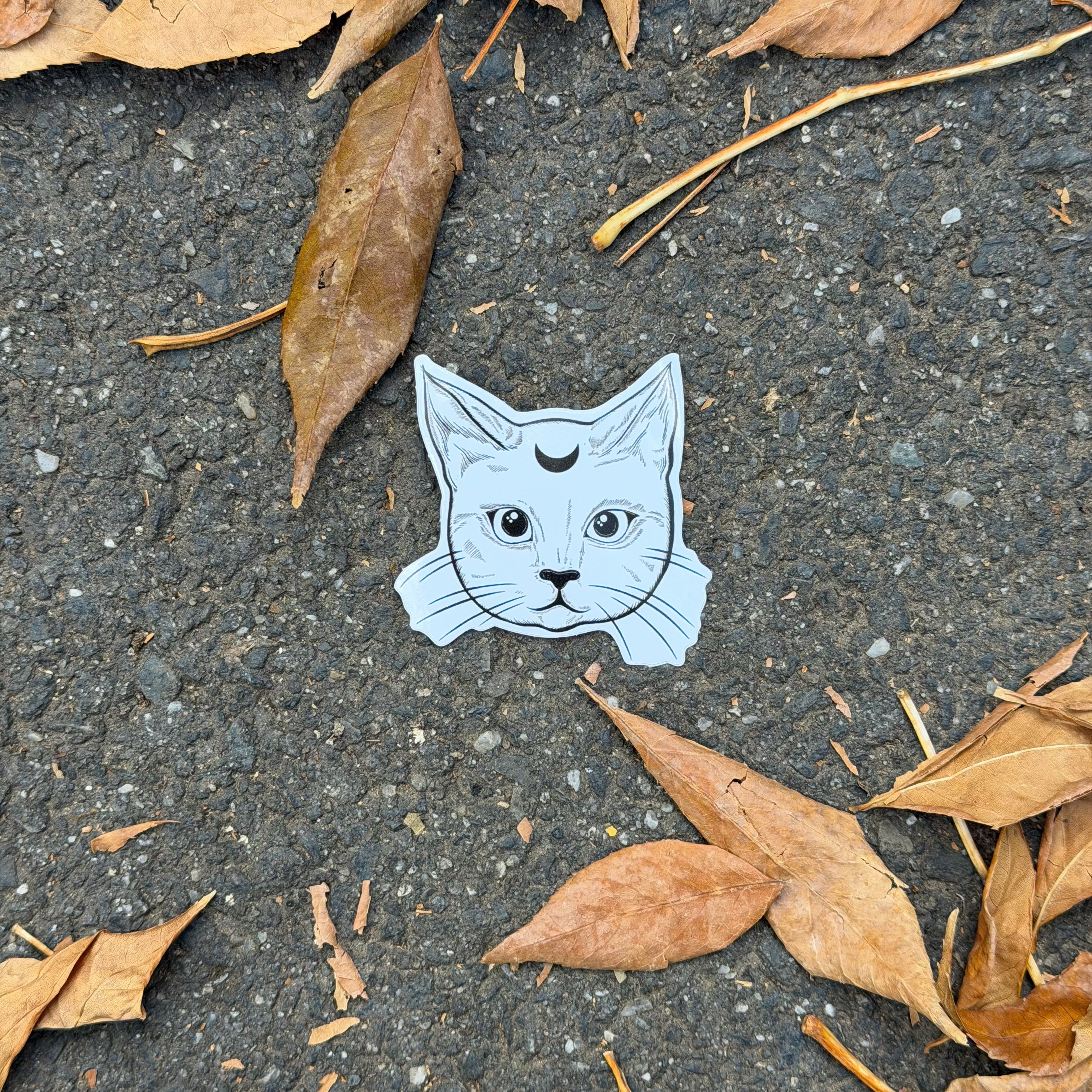 illustrated cat sticker with a crescent moon on its forehead