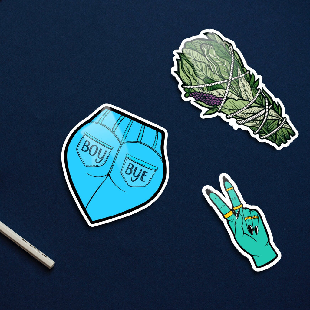 Stickers on a dark blue background with stationery items